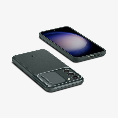 ACS05639 - Galaxy S23 Ultra Case Optik Armor in black showing the back with lens protector slot open